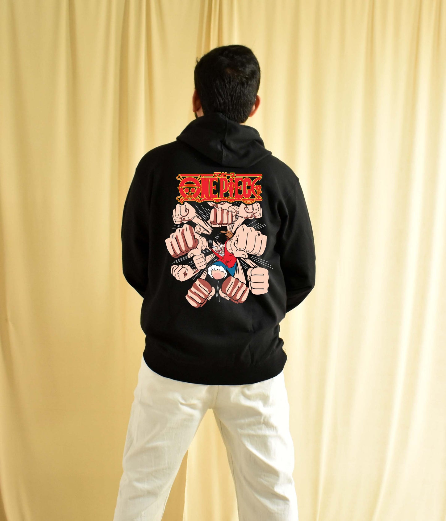 One Piece Punch Back Print Anime Hoodie Black - Unisex