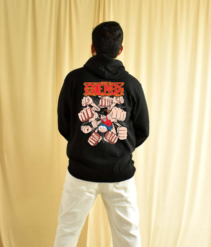 One Piece Punch Back Print Anime Hoodie Black - Unisex