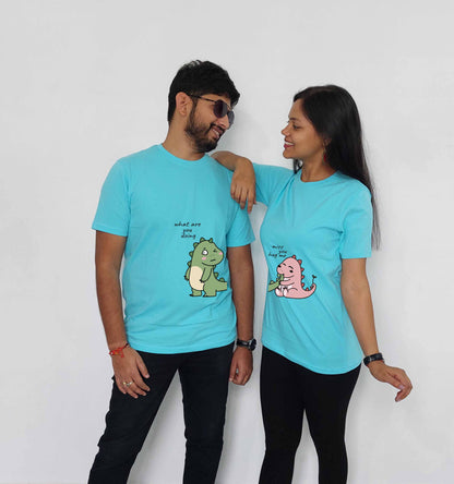 Cartoon Dinosaur Inspired Lovers Shirt: Show Off Your Prehistoric Love - Couples Tshirt