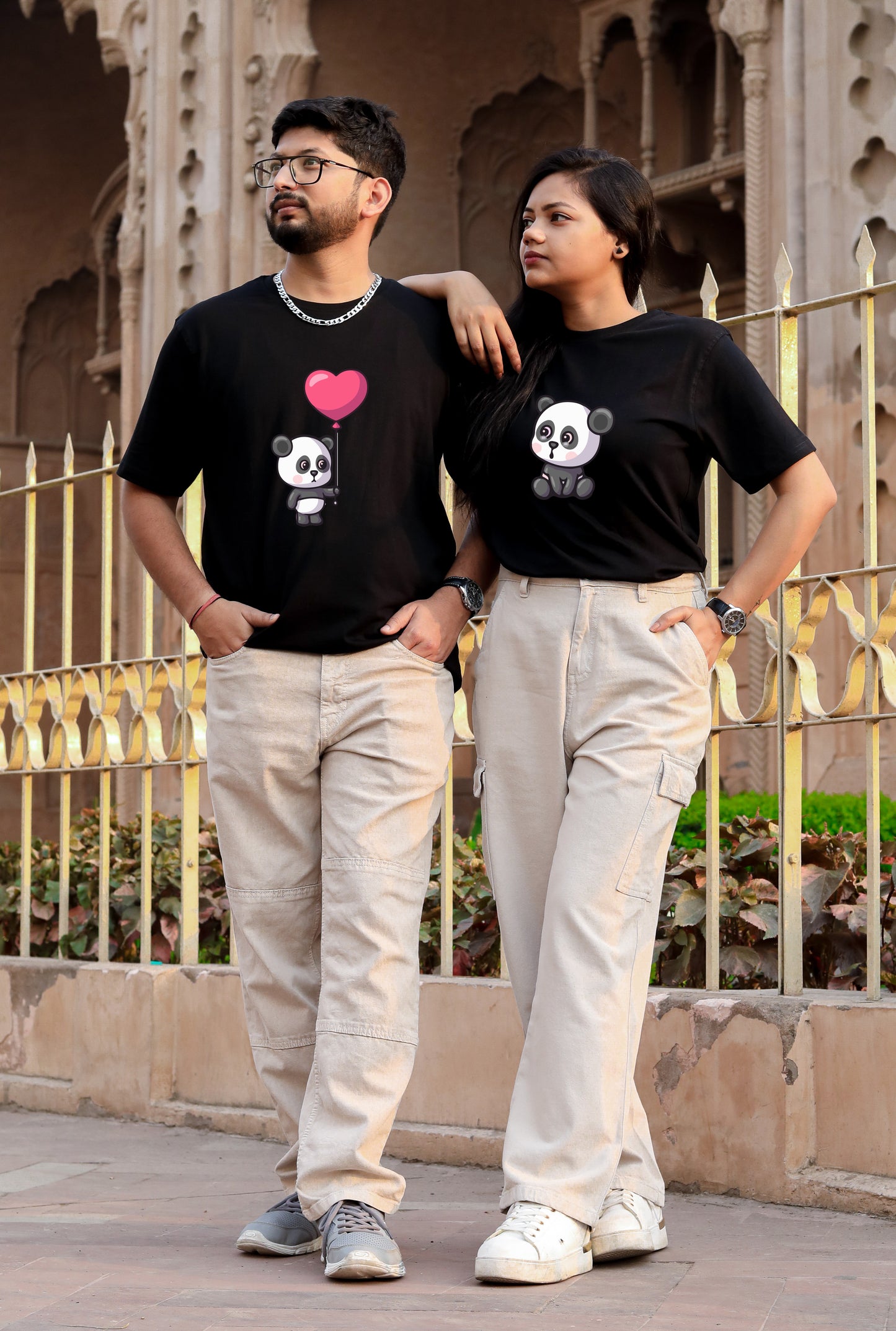 Bear with Balloon Black Couple T-shirt: Balloon Buddies