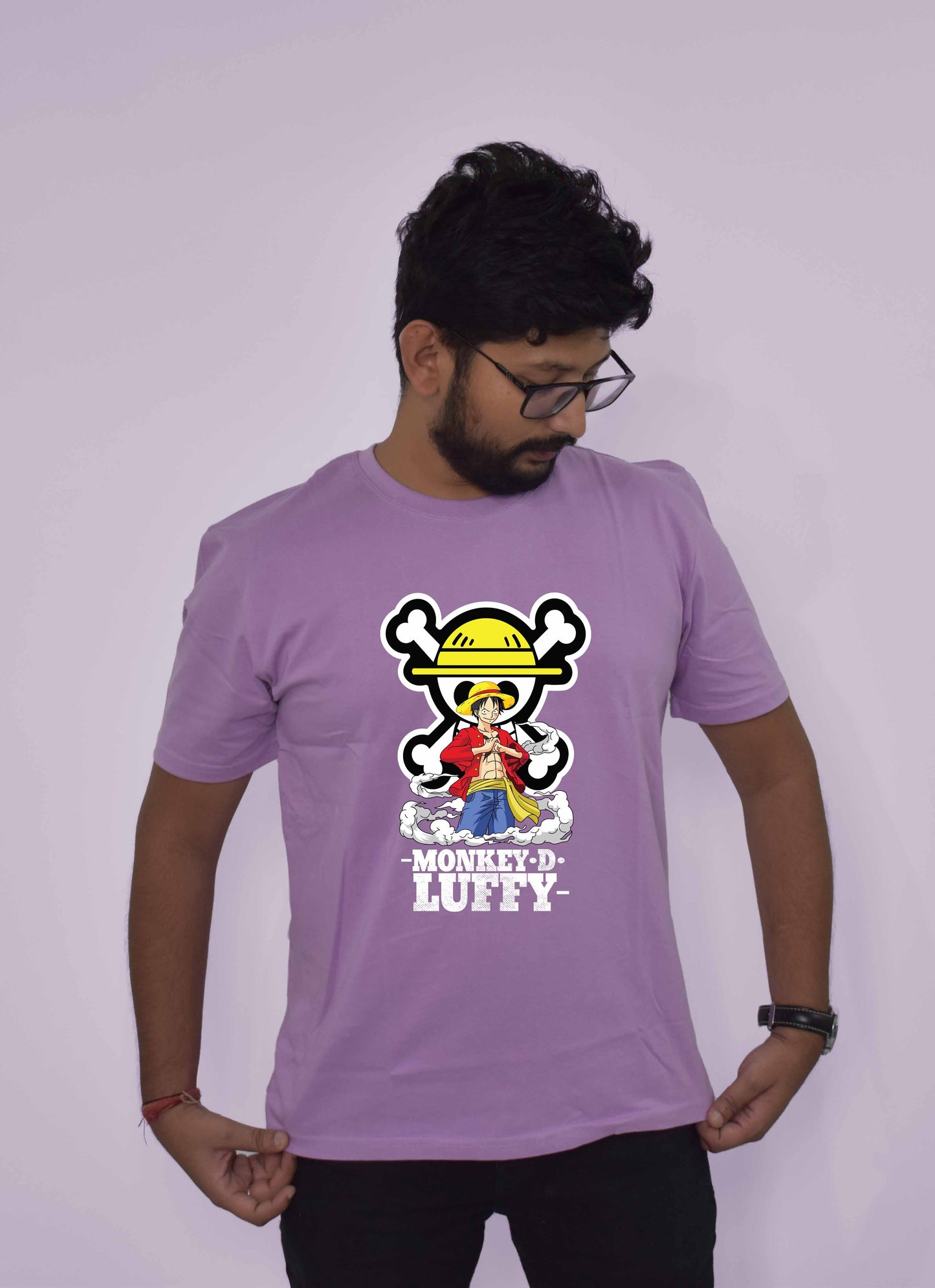 One Piece Anime Front Print T-shirt with Luffy Wearing Straw Hat