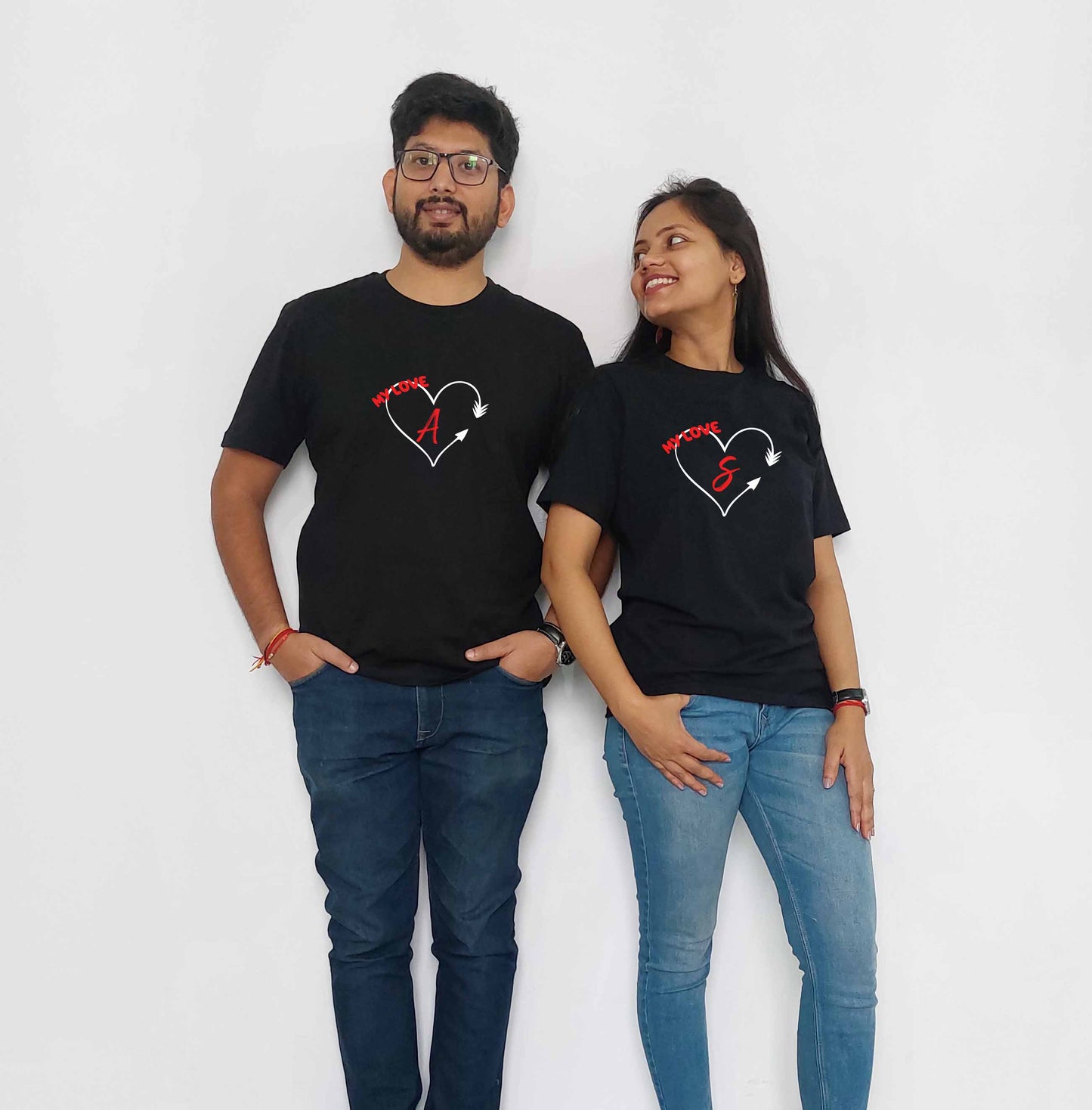 Name Initials in heart Black Couple T-Shirt with Customization