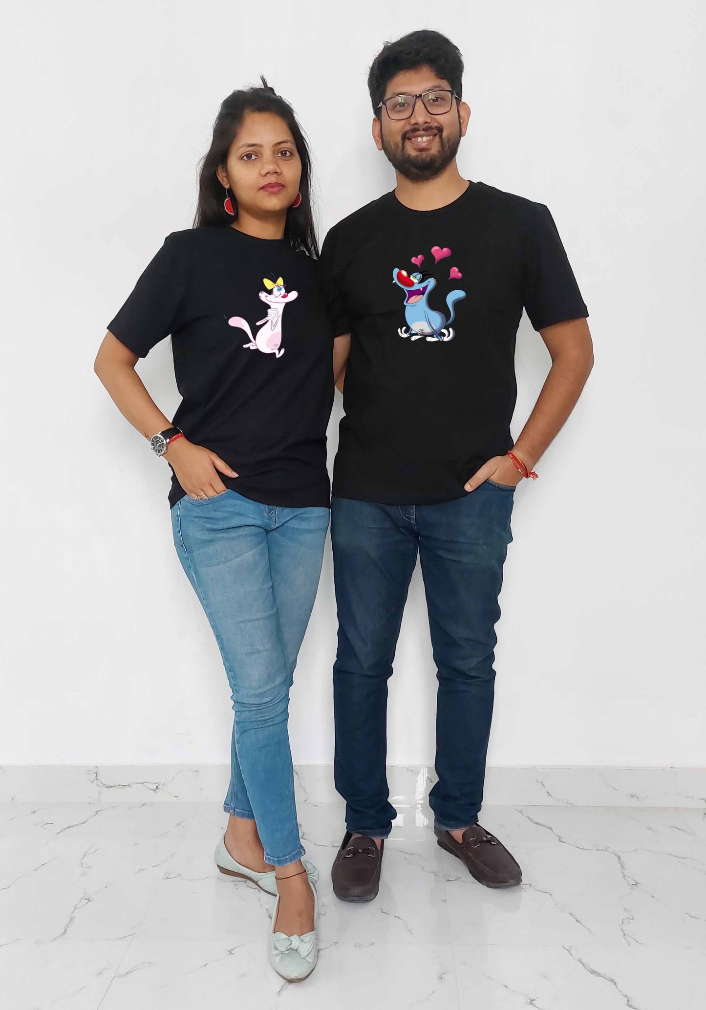 Oggy and Cockroaches love Black Couple T-Shirt