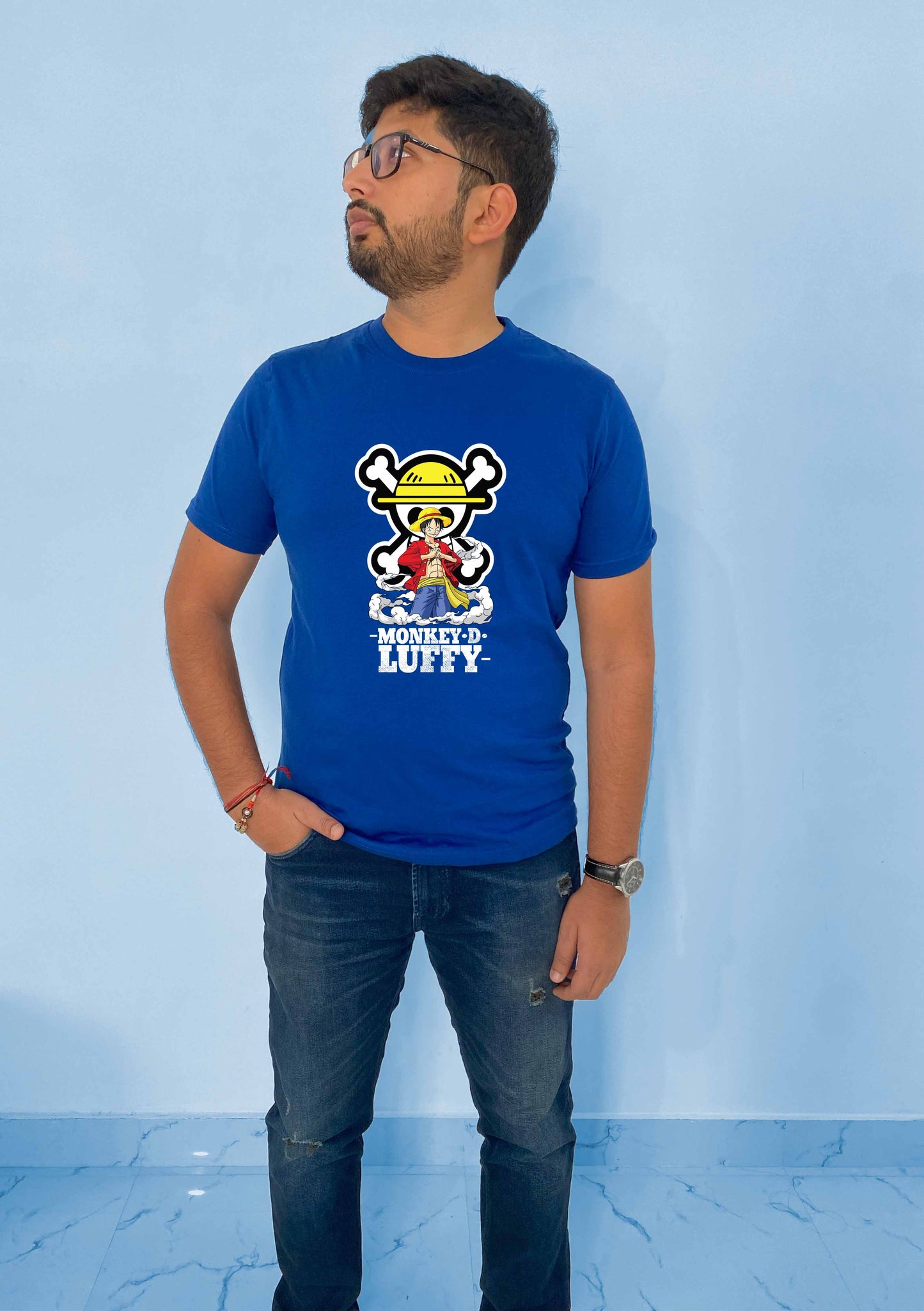 One Piece Anime Front Print T-shirt with Luffy Wearing Straw Hat