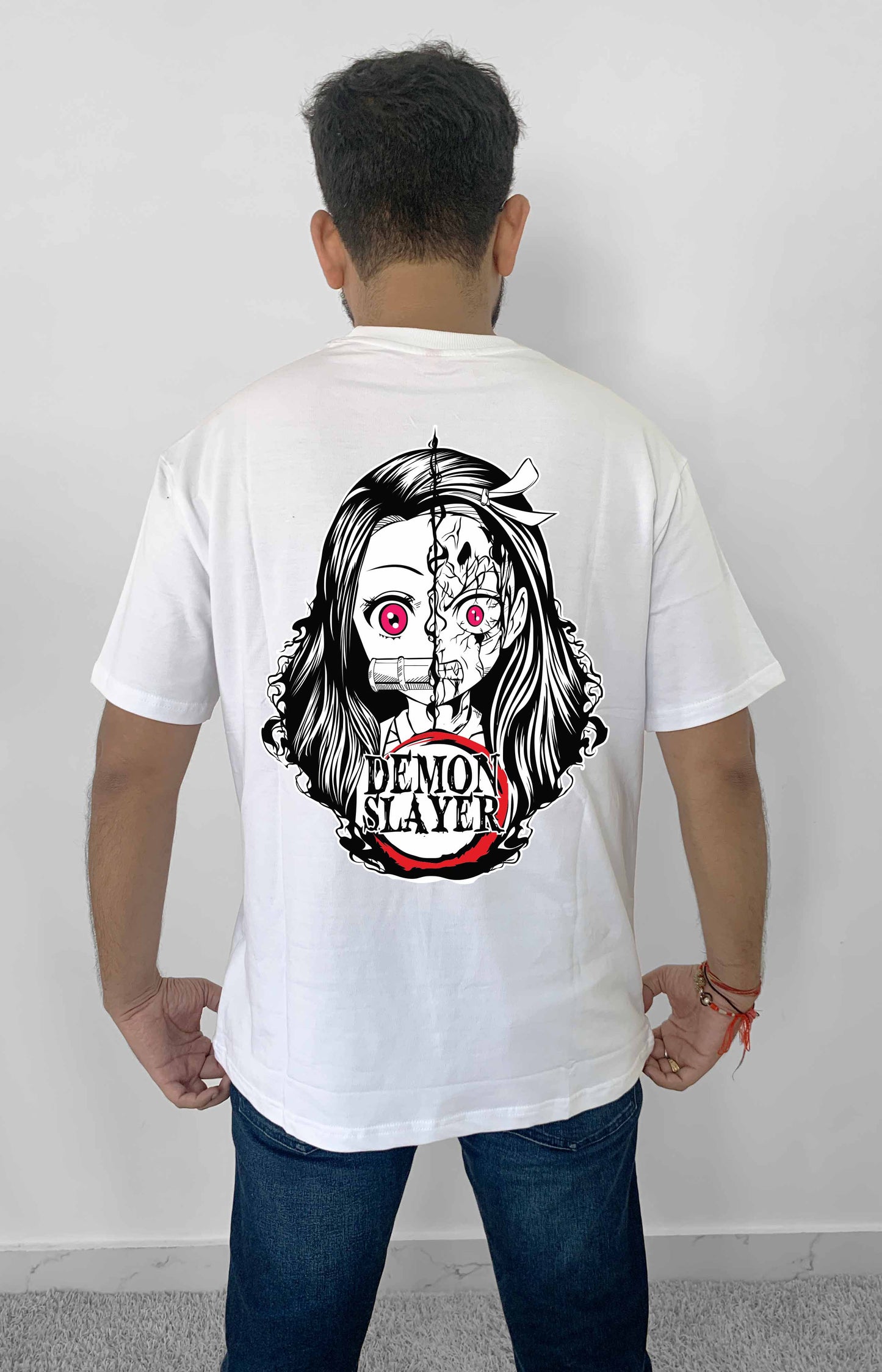 Demon Slayer devil girl back Printed White Oversized Anime T-Shirt