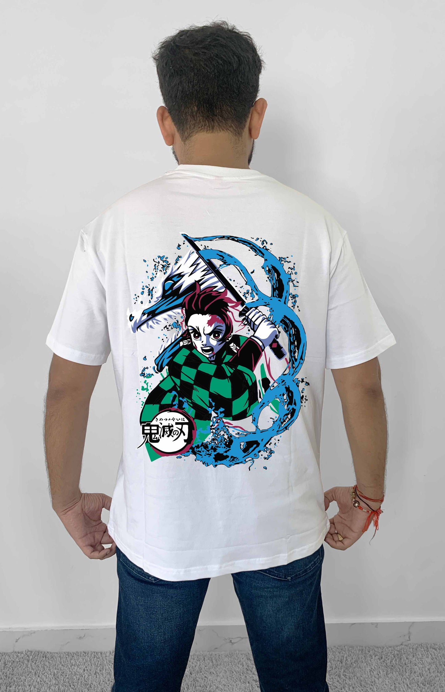 Demon Slayer with sword back Printed White Oversized Anime T-Shirt