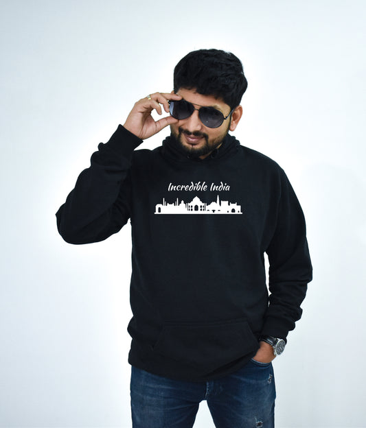 Incredible India Monument Printed Black Hoodie for Unisex