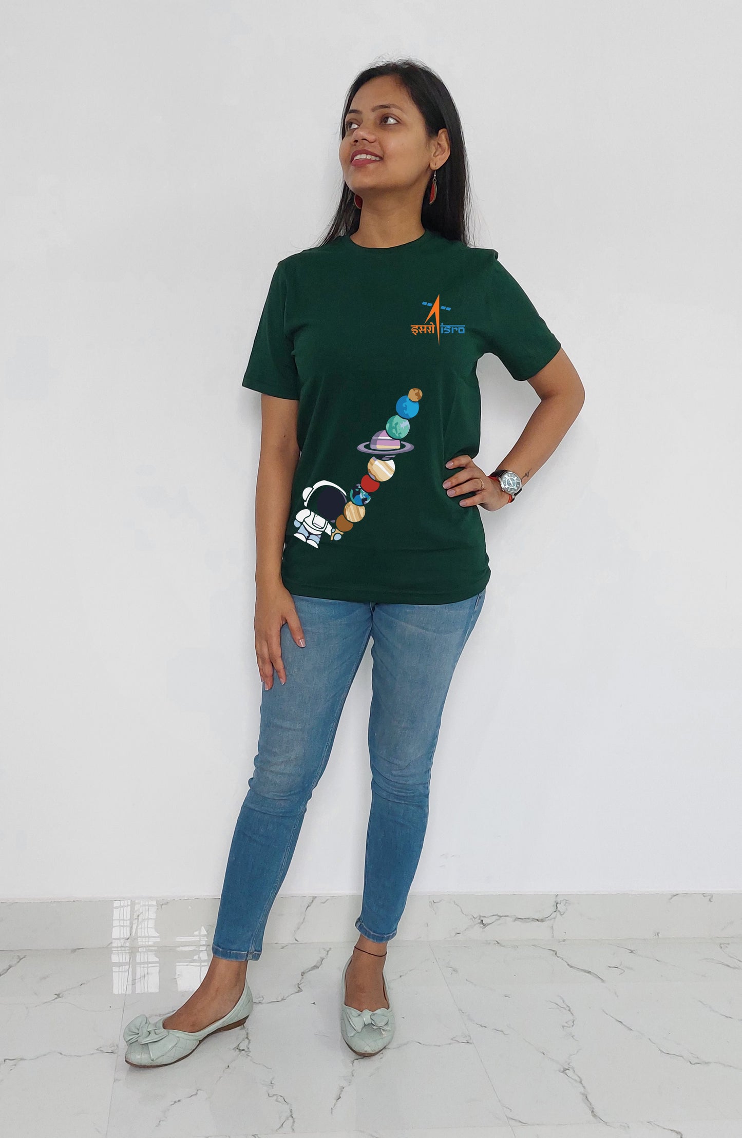 Isro Floating Planet with Astronaut printed T-Shirt for Women