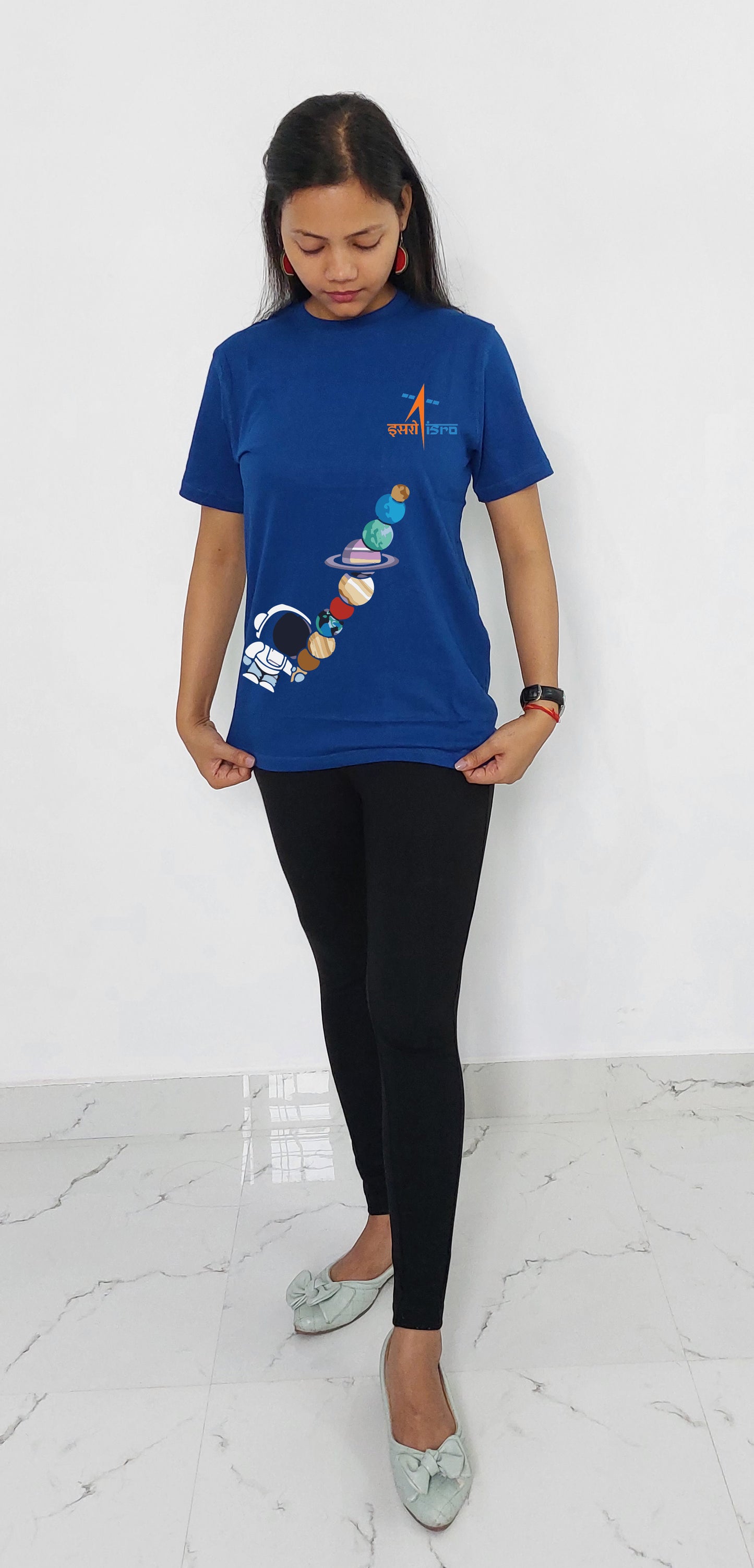 Isro Floating Planet with Astronaut printed T-Shirt for Women