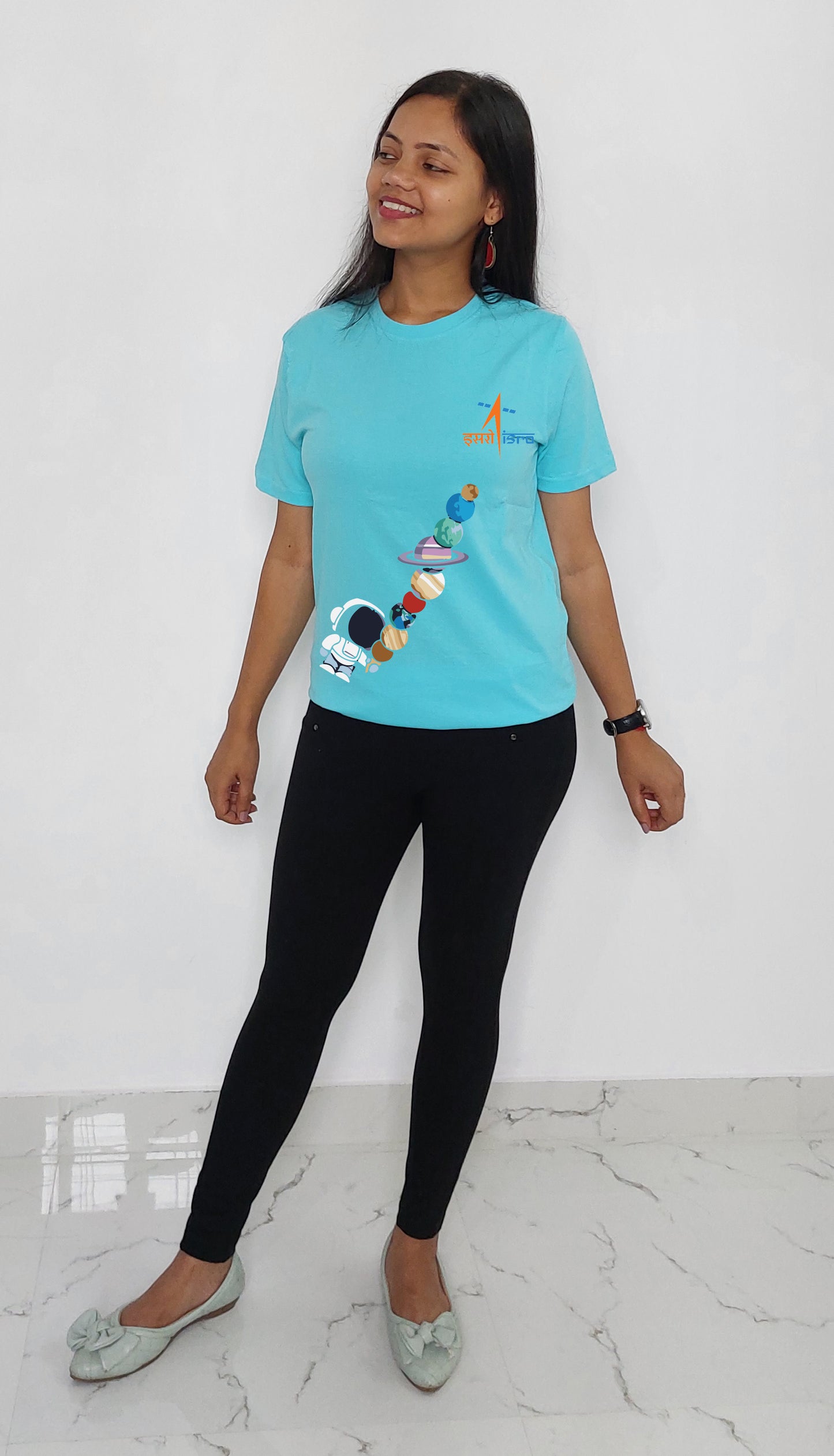 Isro Floating Planet with Astronaut printed T-Shirt for Women