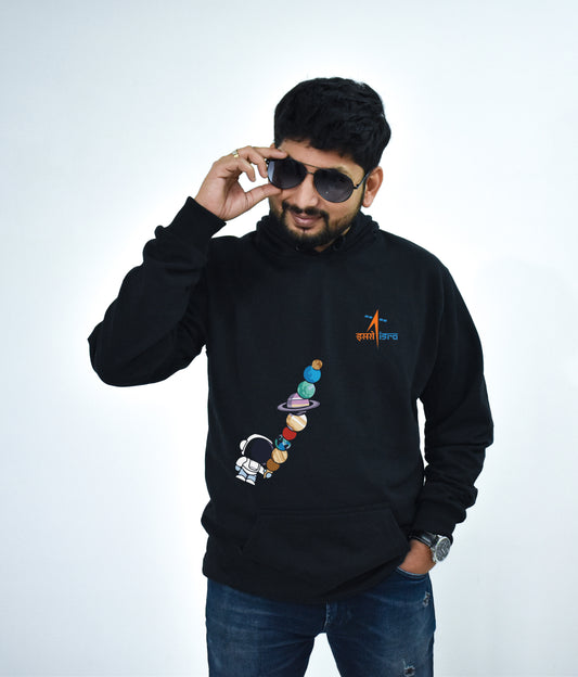 Isro Floatring Planet with Astronaut printed Black Hoodie for Unisex